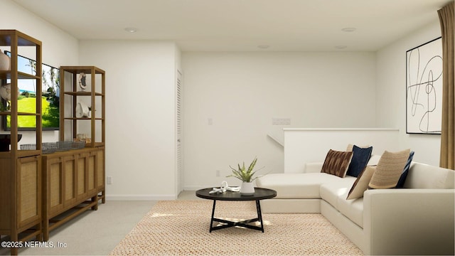 living room with baseboards and carpet flooring