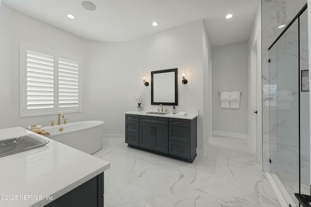 bathroom with a marble finish shower, recessed lighting, and marble finish floor