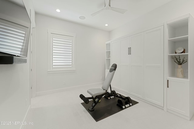 exercise area featuring recessed lighting, baseboards, carpet floors, and ceiling fan