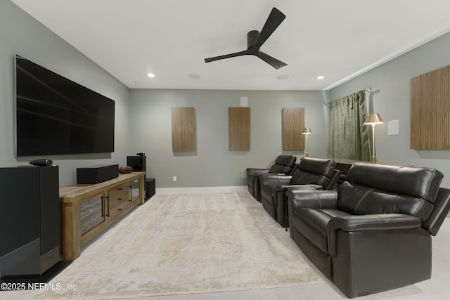 home theater featuring carpet flooring, recessed lighting, baseboards, and ceiling fan