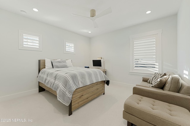 bedroom featuring baseboards, recessed lighting, a ceiling fan, and carpet