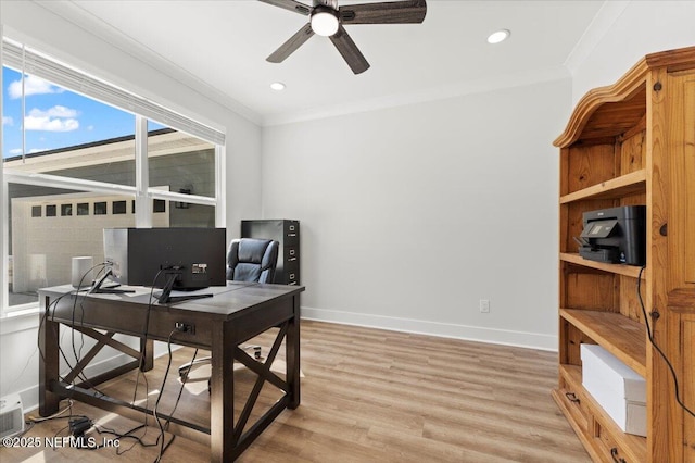 office with baseboards, ornamental molding, recessed lighting, light wood-style flooring, and a ceiling fan