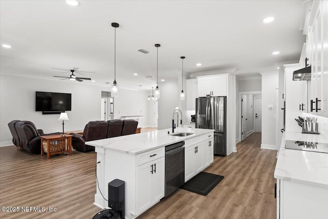 kitchen featuring stainless steel refrigerator with ice dispenser, a sink, range hood, dishwashing machine, and ceiling fan