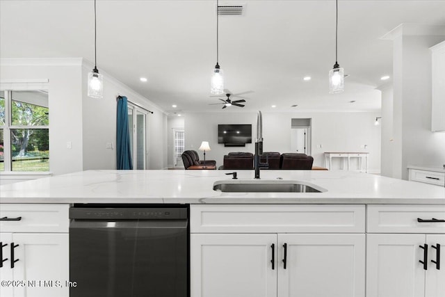 kitchen featuring visible vents, a sink, stainless steel dishwasher, open floor plan, and ceiling fan