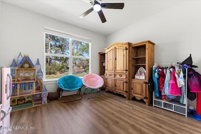 rec room with ceiling fan and wood finished floors