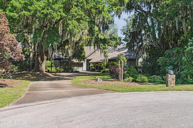 view of property hidden behind natural elements featuring driveway
