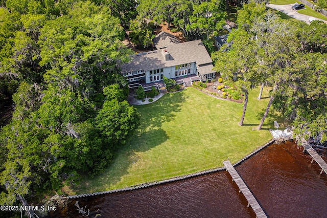 drone / aerial view with a water view