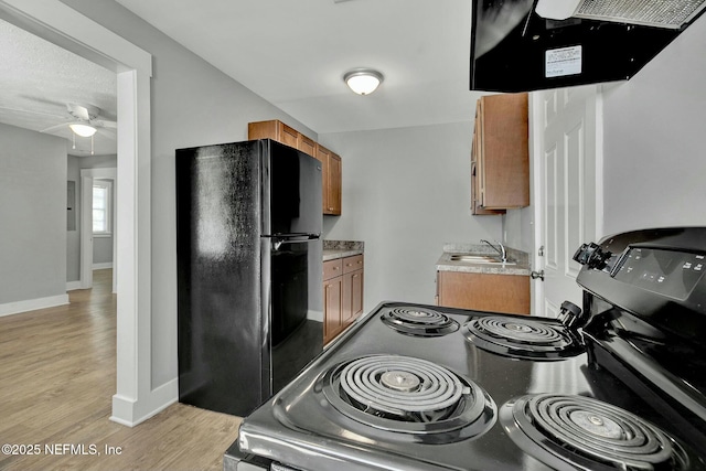 kitchen featuring brown cabinetry, light wood-style flooring, freestanding refrigerator, and under cabinet range hood