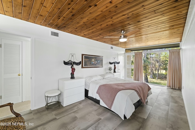 bedroom with visible vents, wood ceiling, and a ceiling fan