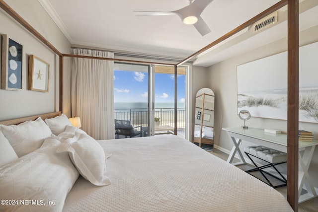 bedroom with visible vents, a water view, a ceiling fan, crown molding, and access to exterior