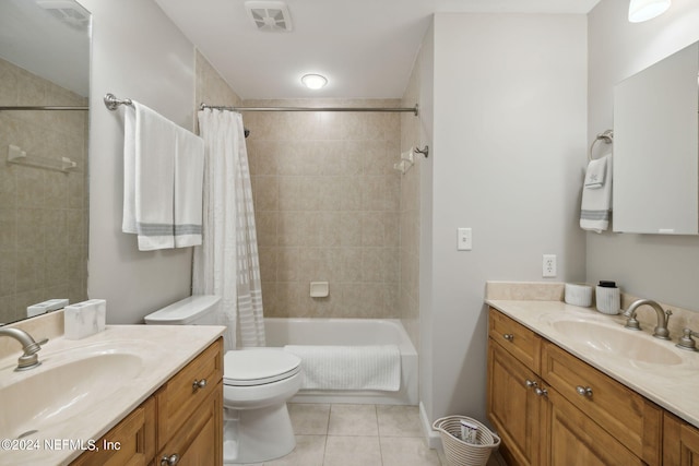 bathroom featuring visible vents, shower / bathtub combination with curtain, vanity, and tile patterned flooring