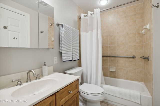 bathroom featuring vanity, shower / bath combination with curtain, toilet, and visible vents