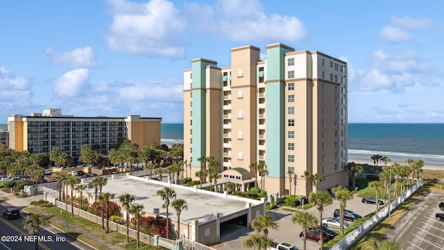 view of building exterior with a water view