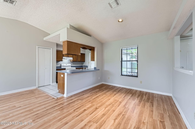 1602 Ibis Dr, Orange Park, FL 32065 - kitchen with visible vents, electric stove, under cabinet range hood, light wood-style floors, and lofted ceiling