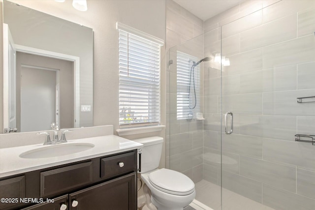 full bathroom featuring a shower stall, vanity, and toilet