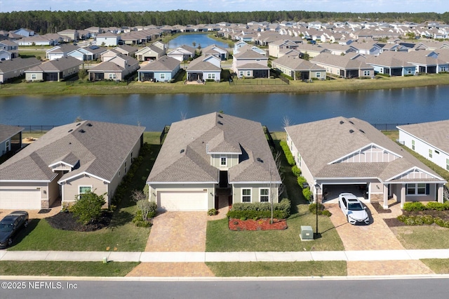 aerial view with a residential view and a water view