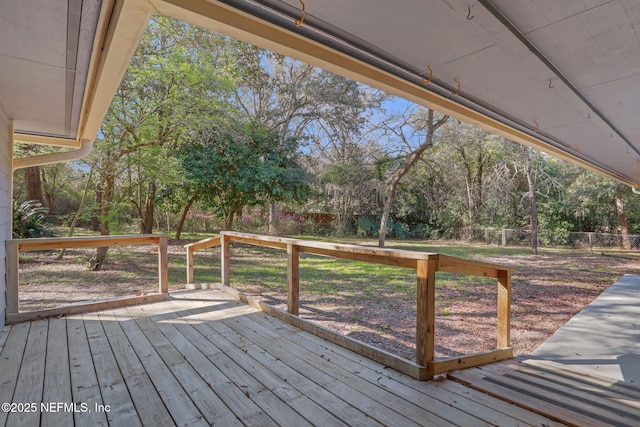 wooden terrace with a fenced backyard