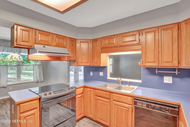 kitchen with under cabinet range hood, black dishwasher, stainless steel range with electric stovetop, a peninsula, and a sink