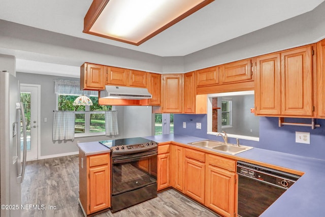 kitchen featuring under cabinet range hood, a peninsula, light wood-style floors, black appliances, and a sink