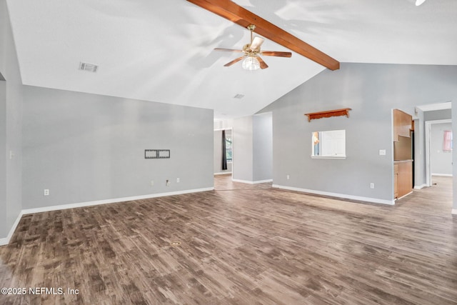 unfurnished living room featuring wood finished floors, a ceiling fan, visible vents, baseboards, and lofted ceiling with beams