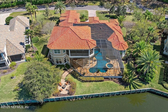 bird's eye view with a water view