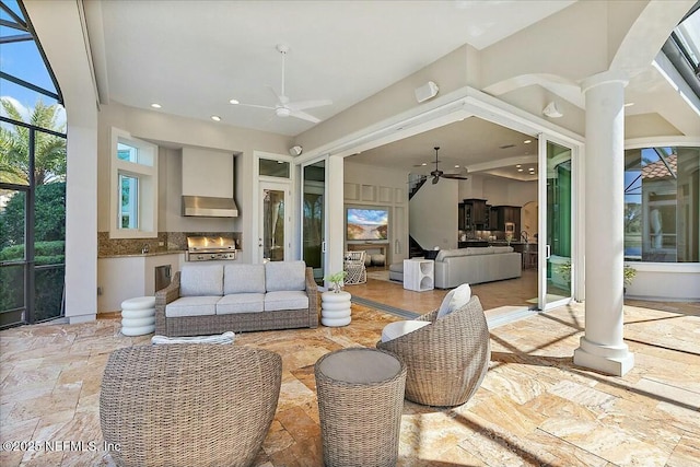 view of patio featuring area for grilling, a lanai, a grill, an outdoor hangout area, and ceiling fan