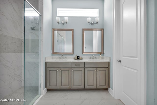 88 Village Grande Dr, Ponte Vedra, FL 32081 - full bathroom with a marble finish shower, a notable chandelier, marble finish floor, and a sink