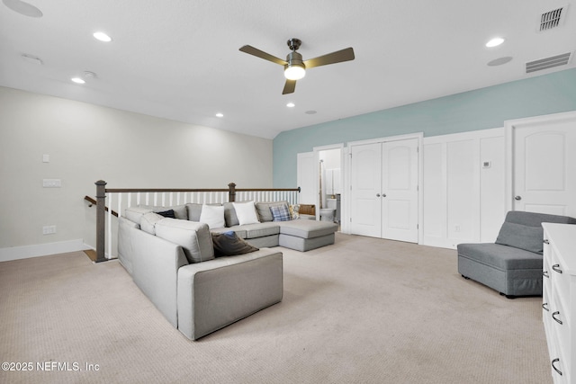 88 Village Grande Dr, Ponte Vedra, FL 32081 - living area featuring recessed lighting, visible vents, light colored carpet, and a ceiling fan