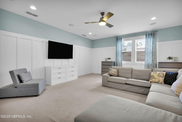 88 Village Grande Dr, Ponte Vedra, FL 32081 - living area featuring visible vents, recessed lighting, a decorative wall, light colored carpet, and ceiling fan