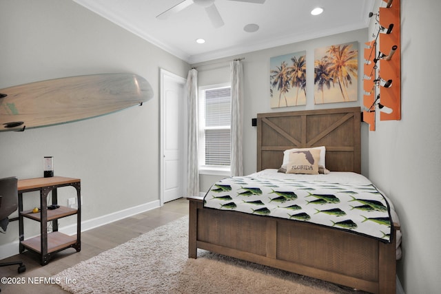88 Village Grande Dr, Ponte Vedra, FL 32081 - bedroom featuring crown molding, ceiling fan, baseboards, recessed lighting, and wood finished floors
