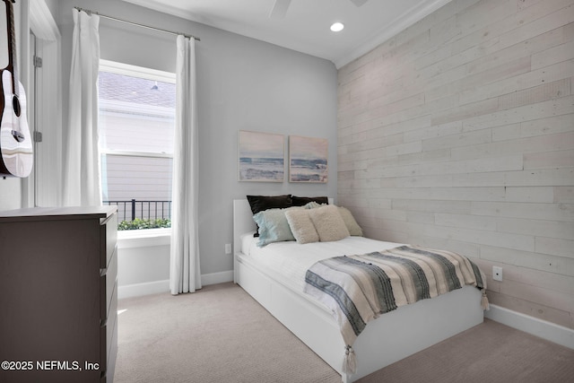 88 Village Grande Dr, Ponte Vedra, FL 32081 - bedroom with wooden walls, baseboards, recessed lighting, ceiling fan, and light carpet