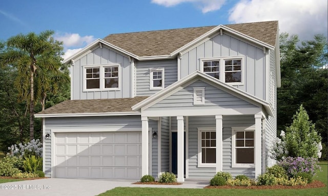 view of front of home featuring driveway, a shingled roof, an attached garage, and board and batten siding