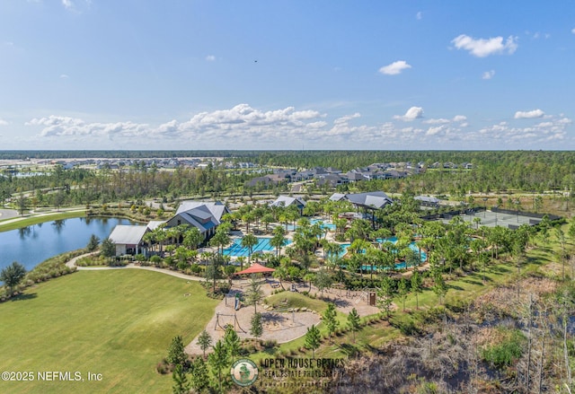 drone / aerial view featuring a water view