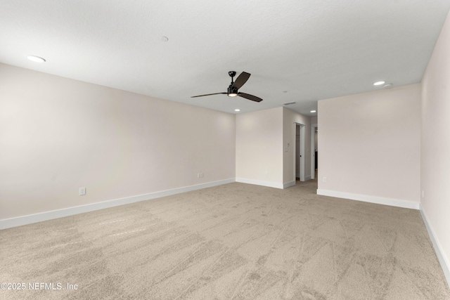 unfurnished room with recessed lighting, baseboards, ceiling fan, and carpet flooring