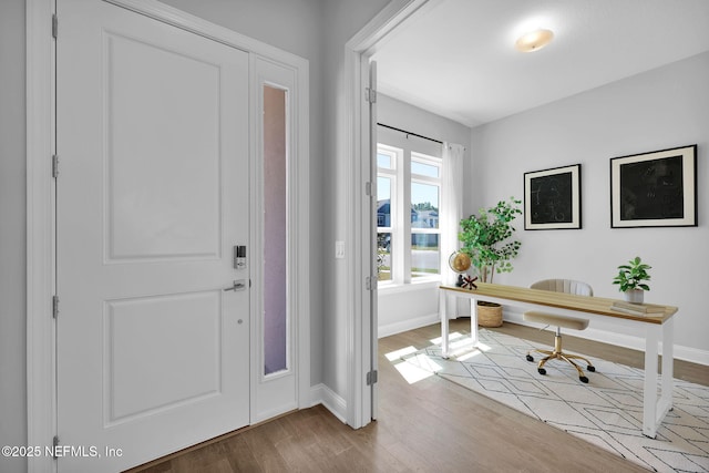 foyer entrance featuring baseboards and wood finished floors