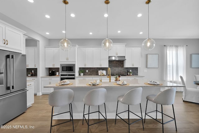 kitchen featuring light wood finished floors, stainless steel appliances, a large island, white cabinets, and under cabinet range hood