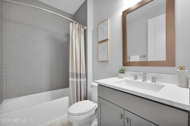 full bathroom with toilet, vanity, and shower / bathtub combination with curtain