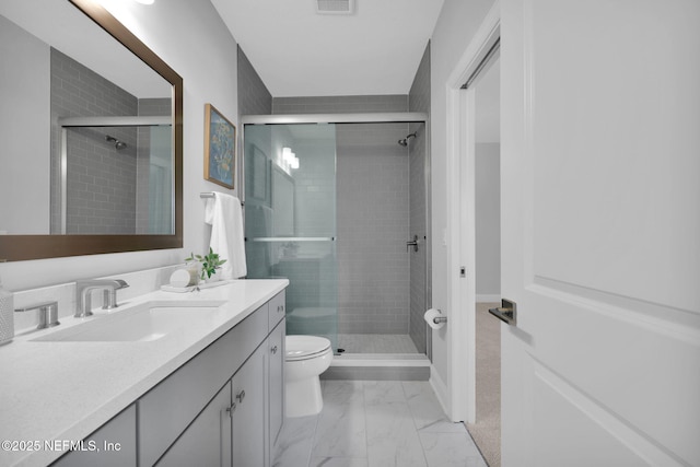 bathroom with vanity, visible vents, a shower stall, toilet, and marble finish floor