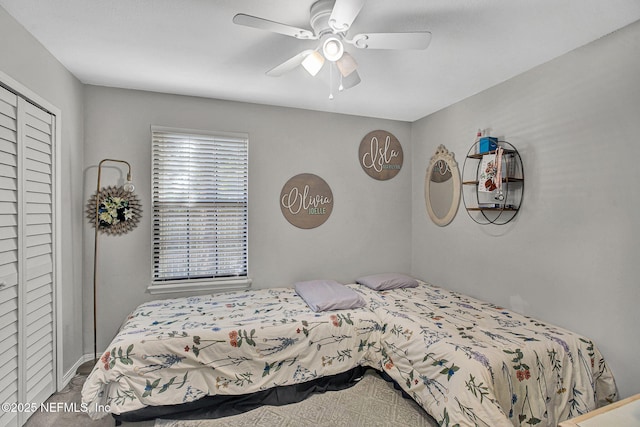 bedroom featuring a closet and ceiling fan