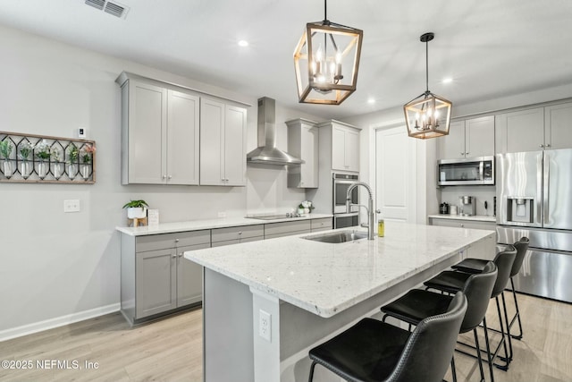 kitchen with wall chimney exhaust hood, gray cabinets, and stainless steel appliances