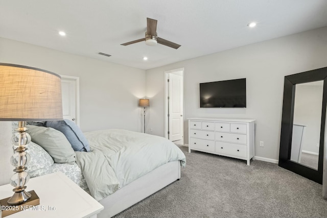 carpeted bedroom with recessed lighting, visible vents, baseboards, and a ceiling fan