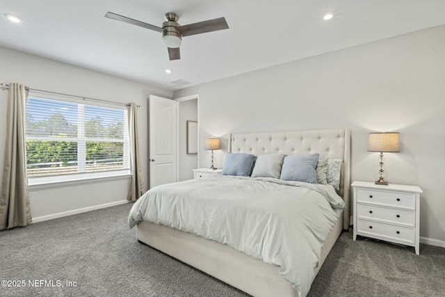 bedroom with visible vents, recessed lighting, carpet, baseboards, and ceiling fan