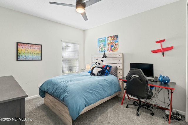 bedroom featuring a ceiling fan, baseboards, and carpet floors