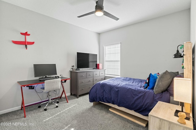 bedroom featuring baseboards, carpet floors, and ceiling fan