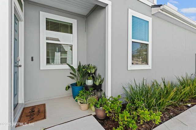 doorway to property featuring stucco siding