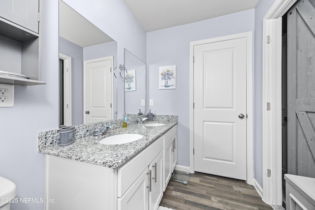 bathroom featuring double vanity, wood finished floors, baseboards, and a sink