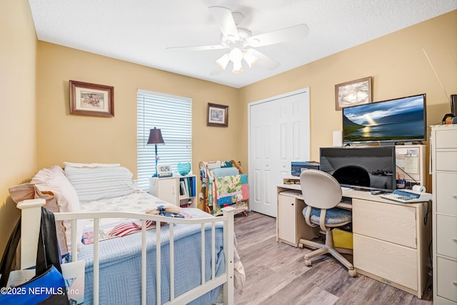 office area featuring light wood finished floors and a ceiling fan