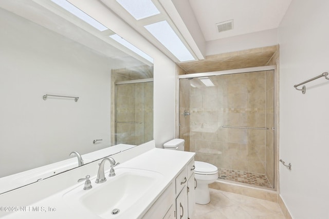 full bath featuring visible vents, a shower stall, toilet, and vanity