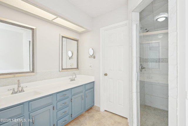 full bath featuring double vanity, a stall shower, and a sink