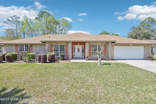 ranch-style home featuring brick siding, driveway, a front lawn, and a garage